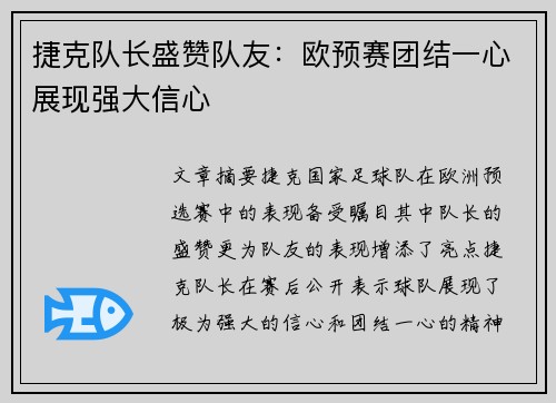 捷克队长盛赞队友：欧预赛团结一心展现强大信心