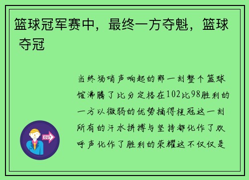篮球冠军赛中，最终一方夺魁，篮球 夺冠