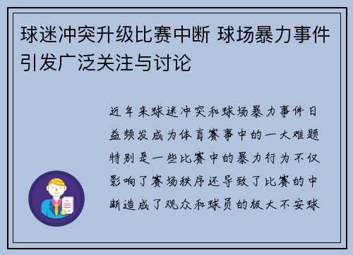 球迷冲突升级比赛中断 球场暴力事件引发广泛关注与讨论