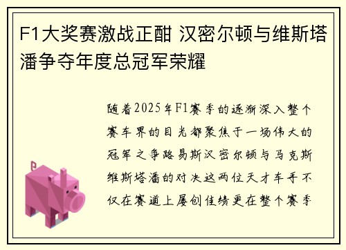 F1大奖赛激战正酣 汉密尔顿与维斯塔潘争夺年度总冠军荣耀
